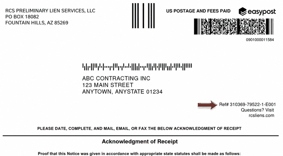 Reference number location on notice